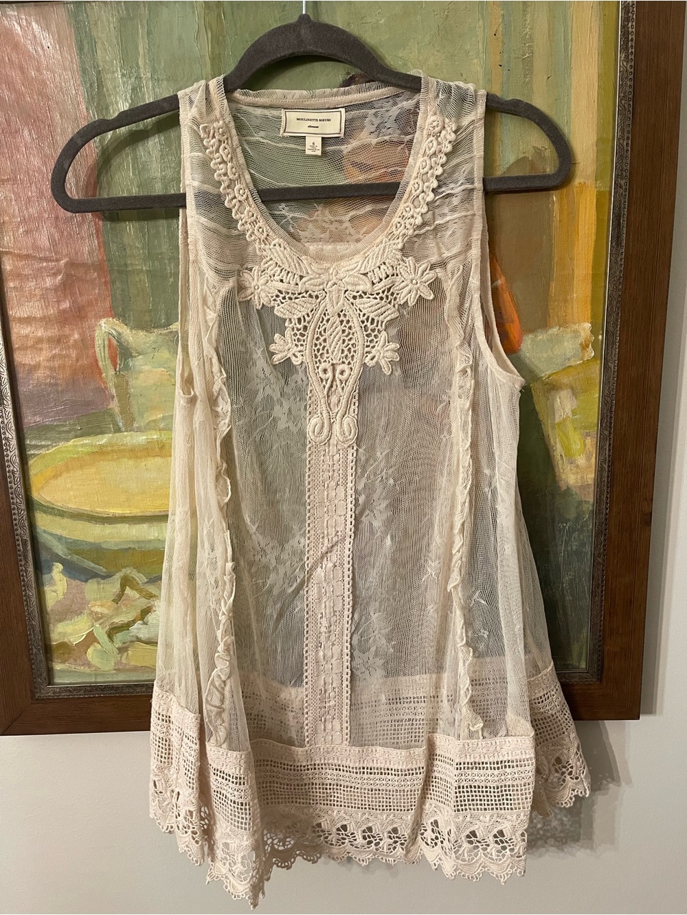 Moulinette Soeurs Sheer Lace Crochet Trim Tank - Ivory